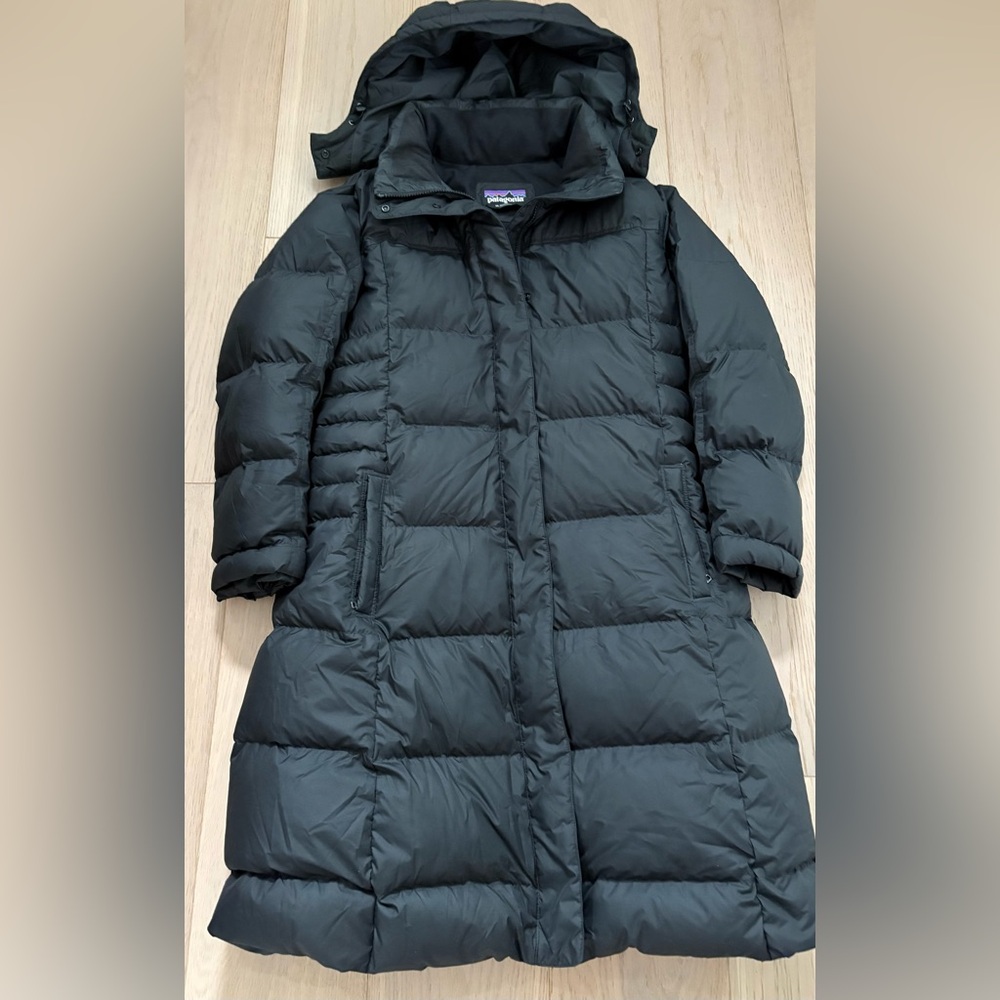 PATAGONIA XL Women's DOWN  Hood Long Full Puffer Coat Down with It Parka - Black